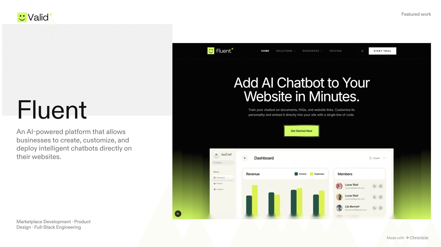 Fluent AI chatbot marketing site and dashboard