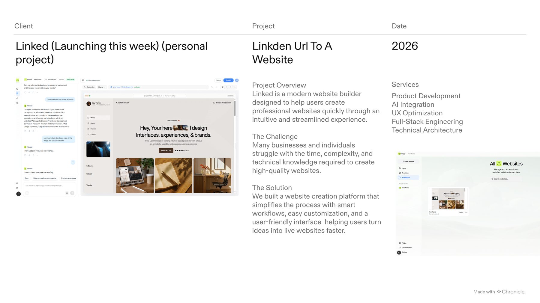 Linked AI chat, generated portfolio, and all-websites dashboard